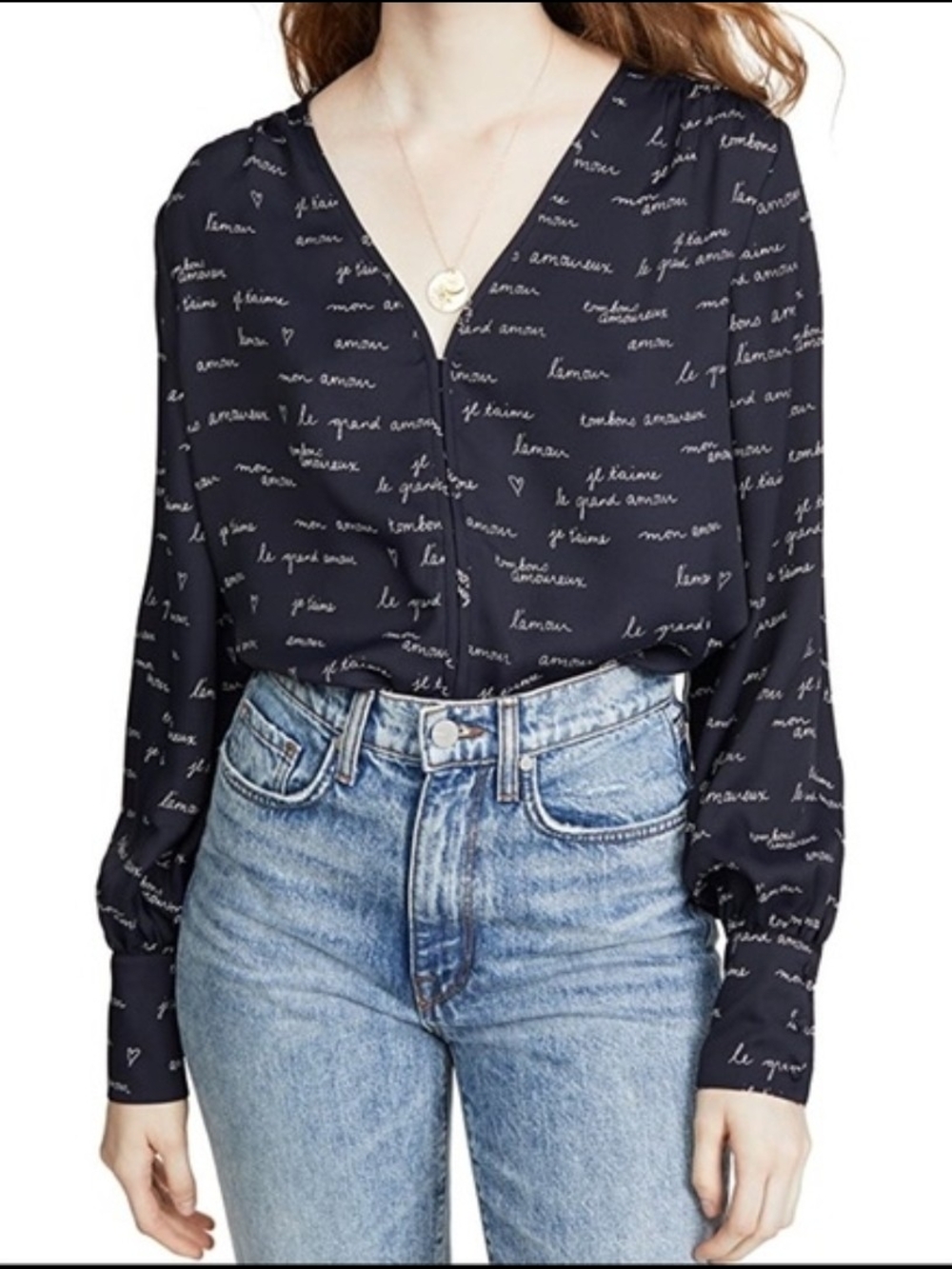 Joie L'amour Navy Script-Print V-Neck Blouse Medium